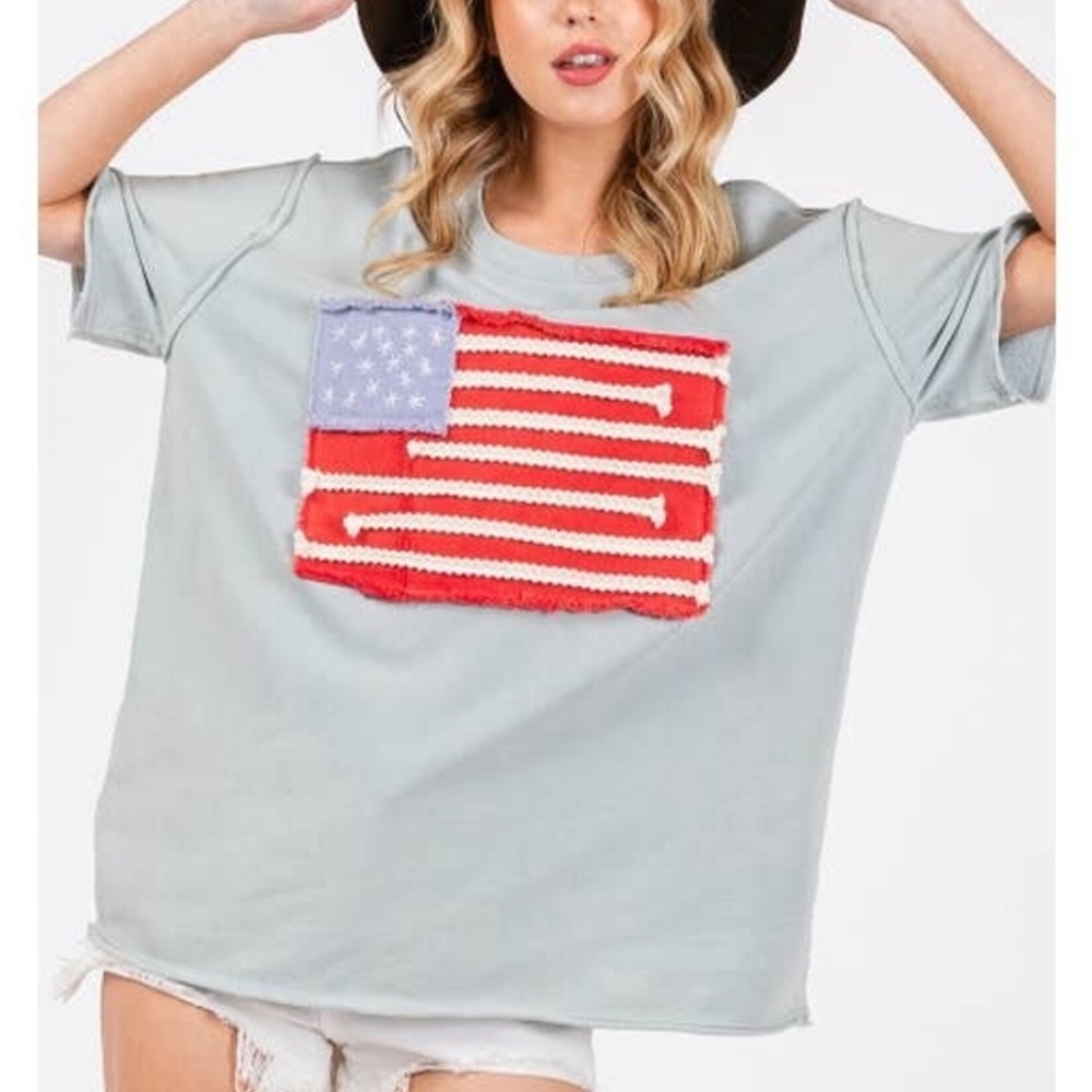 Sage & Fig Flag Patch T-Shirt Mineral Wash Sky Blue 1X 2X 3X